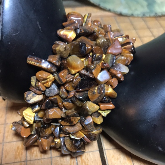 Semiprecious Tigers Eye Stone Crystal Wide 1.5” Band Bracelet 7”L Elastic EVC - Picture 5 of 10